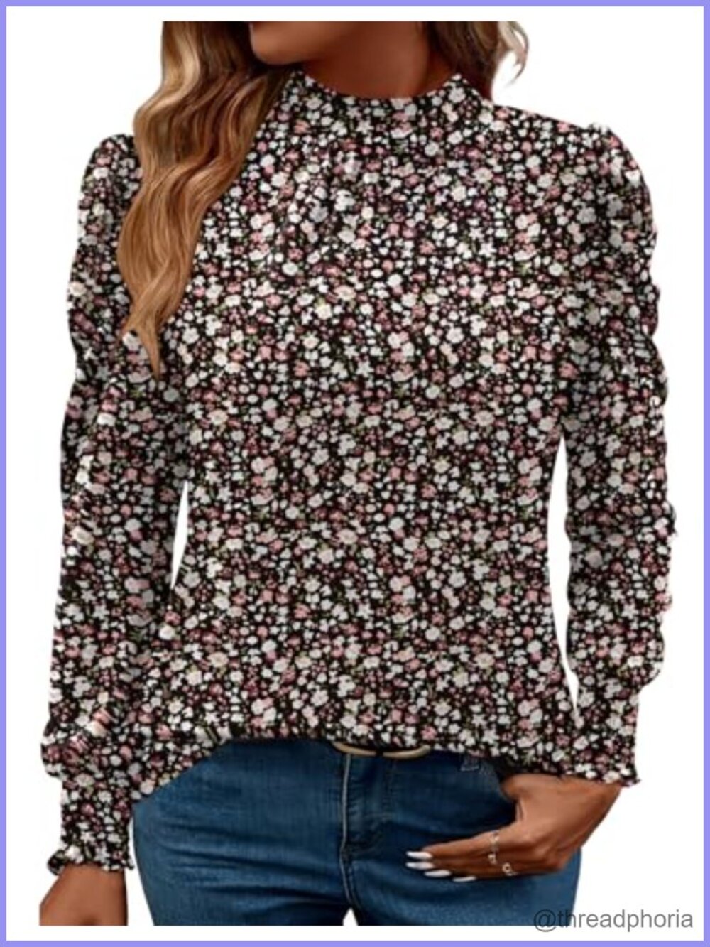 Womens Puff Long Sleeve Blouse Smocked Cuffs Frill Mock Neck Floral Print